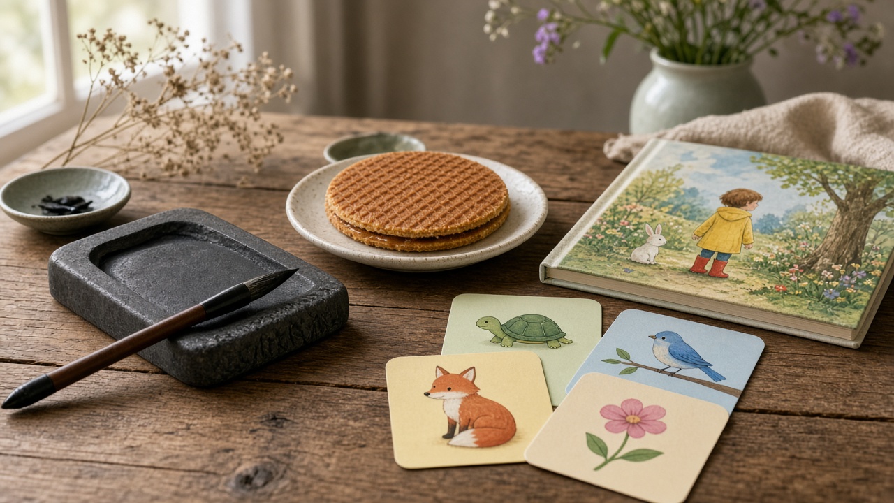 Calligraphy brush, stroopwafel and picture cards (illustration)