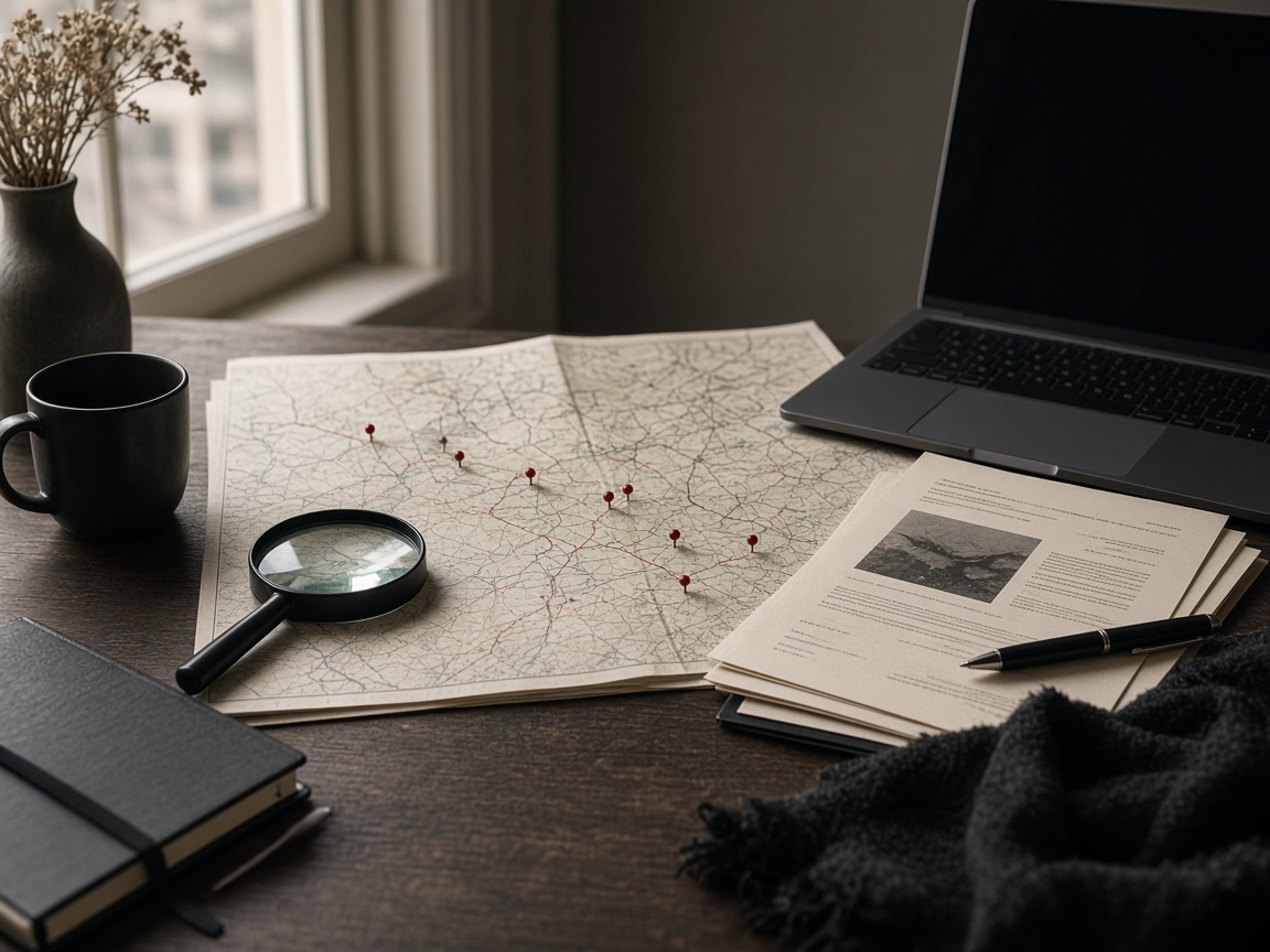 Investigator desk with pinned map and permit papers (illustration)