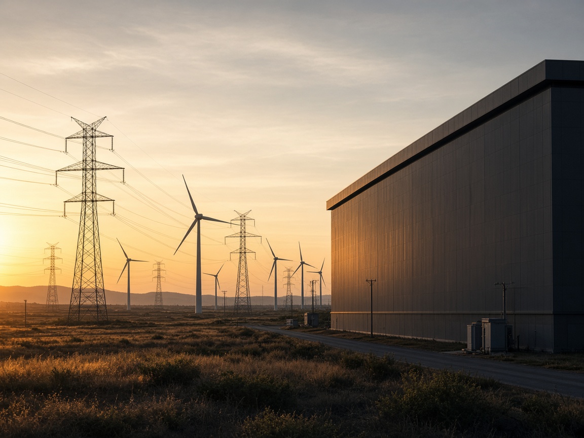 Power lines and wind turbines beside a datacenter (illustration)