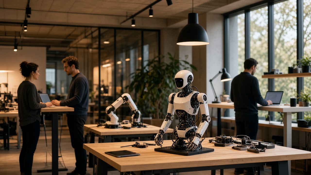 Startup workshop with robot prototypes (illustration)