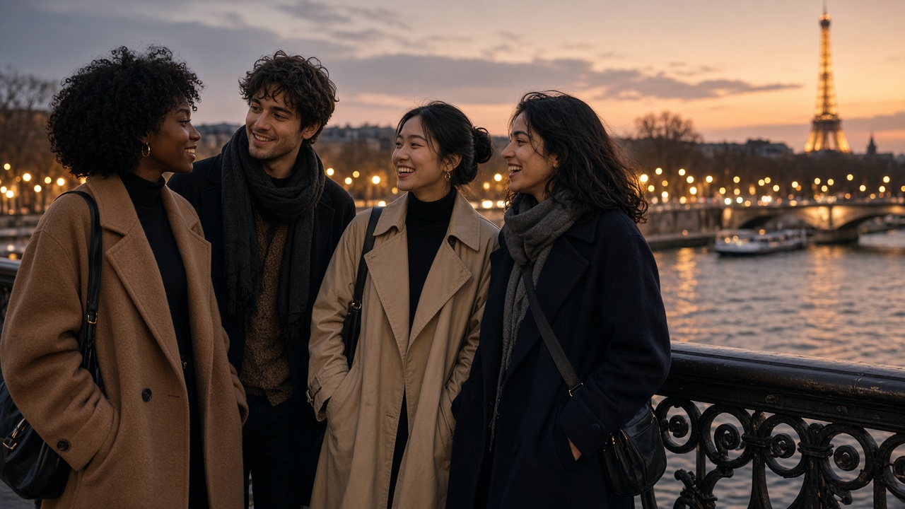 Friends on a Paris bridge at dusk (illustration)